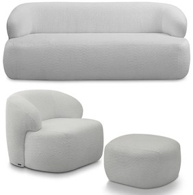 Conjunto Sala de Estar Decorativo Charlote 1 Sofá 180cm 2 Lugares 1 Poltrona Base Fixa com Puff Bouclê Cinza G88 - Gran Belo