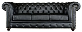 Sofá 3 Lugares Sala de Estar 235cm Chesterfield Pés Madeira Couro Preto G40 - Gran Belo