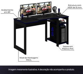 Conjunto Mesa e Armário para Escritório Home Office Gamer Cool MDP Preto/Azul G69 - Gran Belo