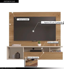 Painel Luci Nichos Decorativos 136cm para TV até 55 com Porta Basculante MDP Buriti/OffWhite G11  Gran Belo
