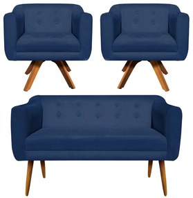 Kit 01 Namoradeira 02 Lugares e 02 Poltronas Giratória Julia Suede Azul Marinho Base Madeira MM30 D'Rossi