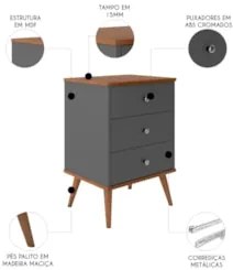 Mesa Cabeceira 35cm 3 Gavetas Pés Palito Thames Onix/Freijó E05 - Mpoz