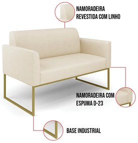 Sofá Namoradeira com 2 Poltronas Base Industrial Dourado Marisa Linho Bege A19