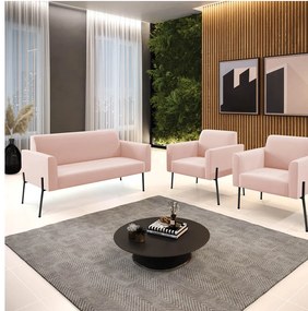 Sofá Namoradeira e 2 Poltronas Pé de Ferro Preto Elisa Veludo Rosê D03 - D'Rossi