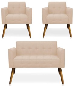 Conjunto 2 Poltronas e 1 Namoradeira Pés Palito Karen Linho Bege G19 - Gran Belo