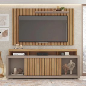 Conjunto Painel e Rack Bancada Toquio 180cm MDP Portas de Correr Ripado Buriti/Fendi G11-Gran Belo