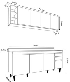 Conjunto Balcão de Cozinha com Tampo Apex Armário Aéreo MDP/BP Branco G96 - Gran Belo