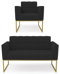 Kit 1 Sofá Namoradeira e 1 Poltrona Elisa Veludo Base Metálica Industrial Dourado - D'Rossi - Preto