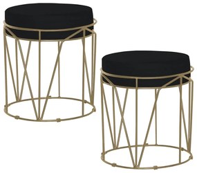 Kit 2 Puffs Decorativo Sala de Estar Base Gold Chloe Veludo Preto G41 - Gran Belo