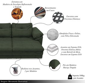 Sofá Retrátil Manual Sala de Estar Nolan Bipartido 414cm Conforto Premium em Couro Verde Manchado G58 - Gran Belo