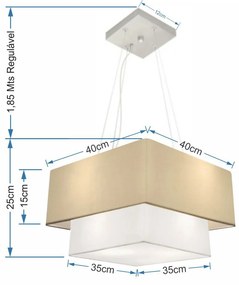 Lustre Pendente Duplo Quadrado Vivare Md-4157 Cúpula em Tecido 40x35cm Algodão Crú / Branco - Bivolt