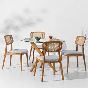 Conjunto Mesa de Jantar Thai Redonda Vidro Incolor - 1,10m + 4 Cadeiras Lótus Encosto Palha Larga Linne - Cinza