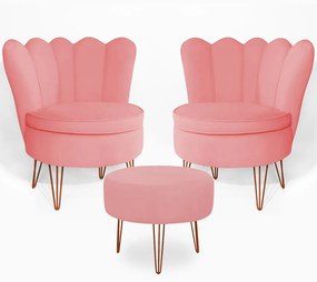 Conjunto 2 Poltrona Dália com Puff Chloe Pés Hairpin Legs Bronze Veludo Rosê
