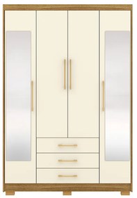 Guarda Roupa Solteiro Linna 150cm 4 Portas de Bater 2 com Espelhos 3 Gavetas Nature/OffWhite G98 - Gran Belo