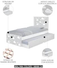 Cama Solteiro Infantil Com Auxiliar 188x88cm Nuvens K06 - Mpozenato