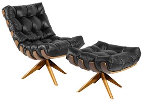 Poltrona com Puff Giratório Costela Couro Preto Base de Madeira MA30 M11 - D'Rossi
