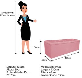 Calçadeira Estofada Manchester 195 cm King Size Suede Rosa Bebê - ADJ Decor