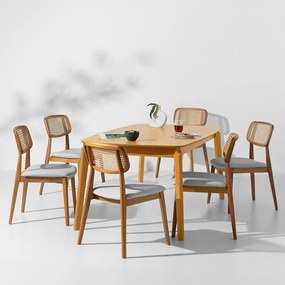 Conjunto Mesa de Jantar Lalá Retangular Carvalho Americano - 1,80mx1,00m + 6 Cadeira Lótus Encosto Palha Larga Linne - Cinza