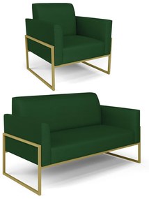 Sofá Namoradeira com Poltrona Base Industrial Alta Dourado Marisa Veludo Verde D03 - D'Rossi
