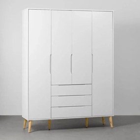 Guarda-Roupa Elfe 4 Portas e 3 Gavetas com Pés Retrô Natural – Branco Fosco
