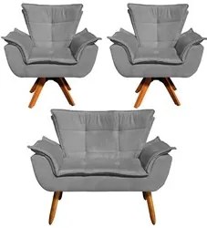 Kit Namoradeira e 2 Poltronas Base Giratória Madeira Opla Suede Grafit