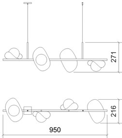 Pendente Calandra Irregular Linear 27X21X95Cm Alumínio E Globo Ø10Cm F... (PRETO / MADEIRADO, FOSCO)
