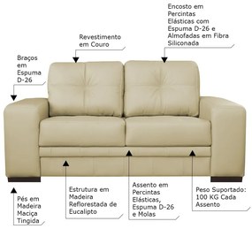 Sofá 2 Lugares Sala de Estar Milano 170cm Couro Bege G58 - Gran Belo