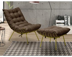 Conjunto Decorativo Poltrona e Puff Abel Base de Ferro Dourada Suede Chocolate G41 - Gran Belo