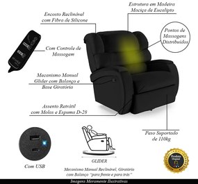 Poltrona do Papai Sala de Cinema Reclinável Kylie Glider Manual Giratória Massagem USB PU Preto G23