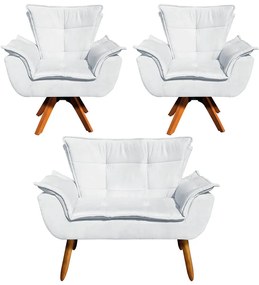 Sofá Namoradeira e 2 Poltronas Giratória MM30 Opala Suede - Cinza