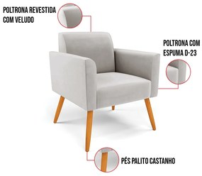 Kit 2 Poltronas Pés Palito Castanho Marisa Veludo D03 - D'Rossi - Cinza