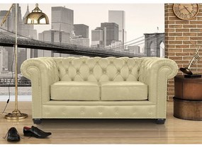 Sofá Chesterfield 2 Lugares com Pés Madeira Couro Bege G40 - Gran Belo