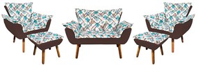 Kit 01 Namoradeira com 02 Poltronas e 02 Puffs Opala Composê Suede com Estampado Traçado Azul D33 Pés Palito Castanho - Marrom