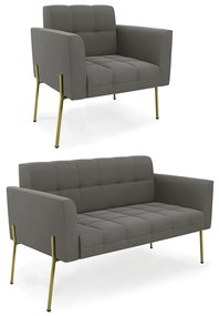 Sofá Namoradeira e Poltrona Pé de Ferro Dourado Elisa Suede D03 - D'Rossi - Grafite