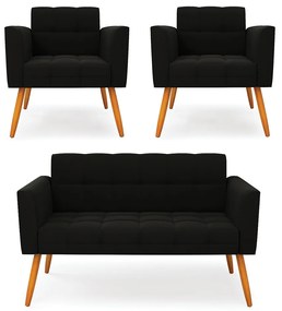 Kit 1 Sofá Namoradeira e 2 Poltronas Elisa Suede Pés Palito Castanho - D'Rossi - Preto