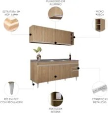 Armário Cozinha e Balcão Com Pia 180cm Dallas Castanho      - Lumil