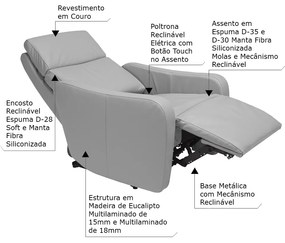 Poltrona Decorativa Reclinável Elétrica Moroni Couro Cinza G43 - Gran Belo