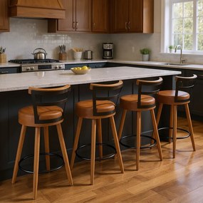 Banqueta Alta Cozinha 70cm Encosto Pé Madeira Kit 4 Kyara Pu S02 - D'Rossi - Caramelo