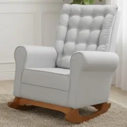 Poltrona Amamentação Base Madeira Balanço Maju Veludo Cinza F03 - Mpoz