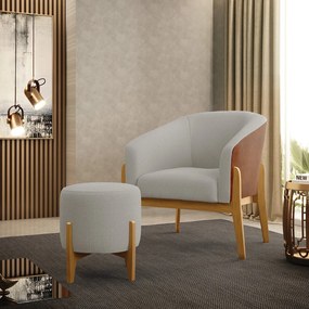 Poltrona e Puff Decorativo Base Madeira Stella PU Nozes/Bouclê D03 - D'Rossi - Cinza