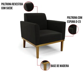 Poltrona Base de Madeira Fixa Castanho Marisa Suede D03 - D'Rossi - Preto