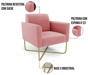 Kit 2 Poltronas Base X Industrial Dourado Marisa Suede Rosê  D03 - D'Rossi
