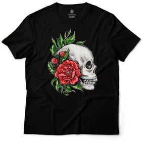 Camiseta Unissex Caveira e Rosas Vermelhas - Preto - P