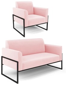Sofá Namoradeira com Poltrona Base Industrial Alta Preto Marisa Suede D03 - D'Rossi - Rosa Bebê