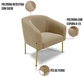 Poltrona Decorativa Pé de Ferro Dourado Kit 2 Stella Suede D03 - D'Rossi - Marrom Rato