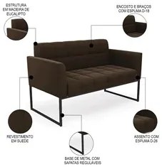 Sofá Namoradeira e 2 Poltronas Base Industrial Preto Ana Suede Marrom