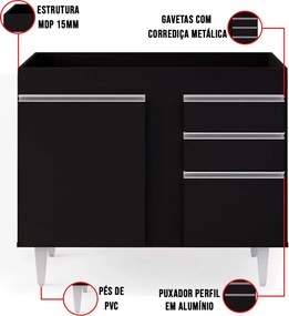 Balcão de Cozinha Lavanderia sem Tampo 02 Gavetas Bia 100 cm L06 - D'Rossi - Preto