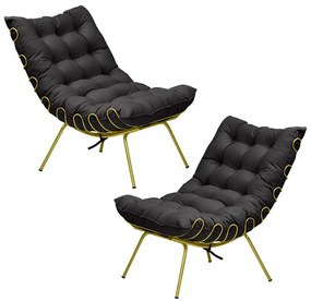 Kit 2 Poltronas Decorativas Sala de Estar Abel Base de Ferro Dourada Veludo Preto G41 - Gran Belo