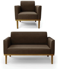 Sofá Namoradeira com Poltrona Base de Madeira Fixa Castanho Marisa Suede D03 - D'Rossi - Marrom