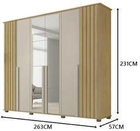 Guarda Roupa Amsterdã II 6 Portas Ripado com Espelho Cinamomo/Off White - RV Móveis